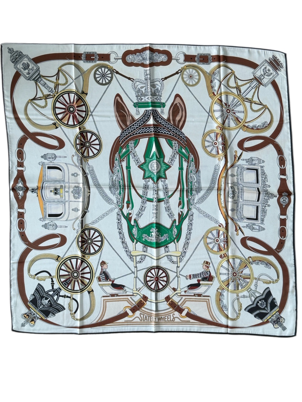 Luxury 90cm Horse & Carriage Scarf in Green and Brown